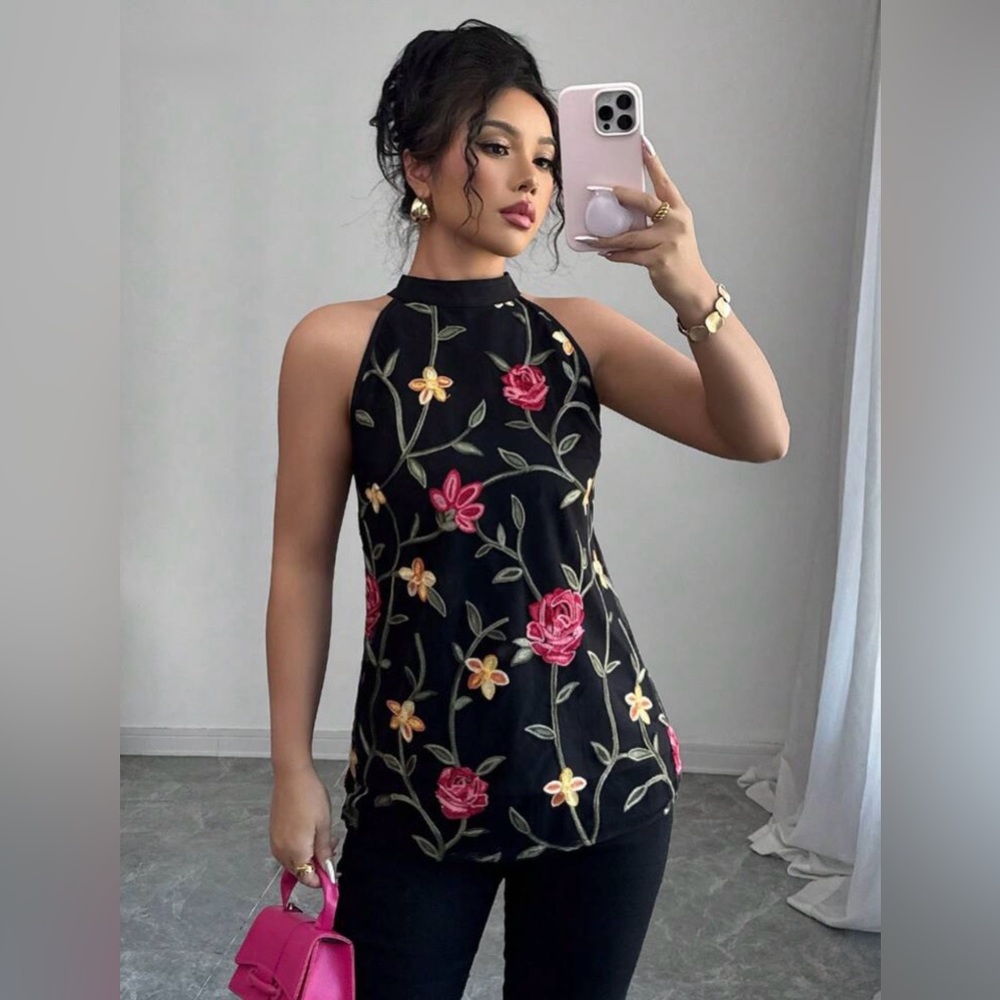 Floral Embroidered Black Halter Top